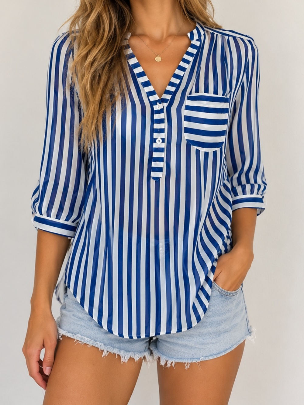 Y2K Wet Seal Blue & White Striped Peasant Blouse Top 3/4 Sleeve Flowy Semi Sheer